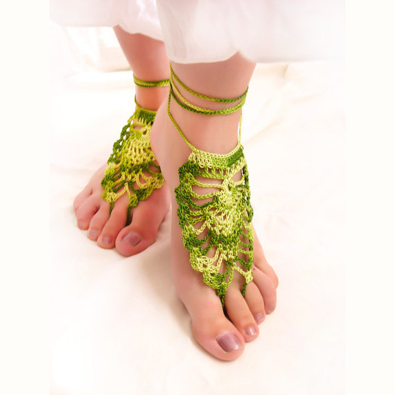 Gypsy Crochet Barefoot Sandals. Sexy Foot Jewelry. Green Nude Shoes Yoga, Belly-dance, Summer Beach Fashion